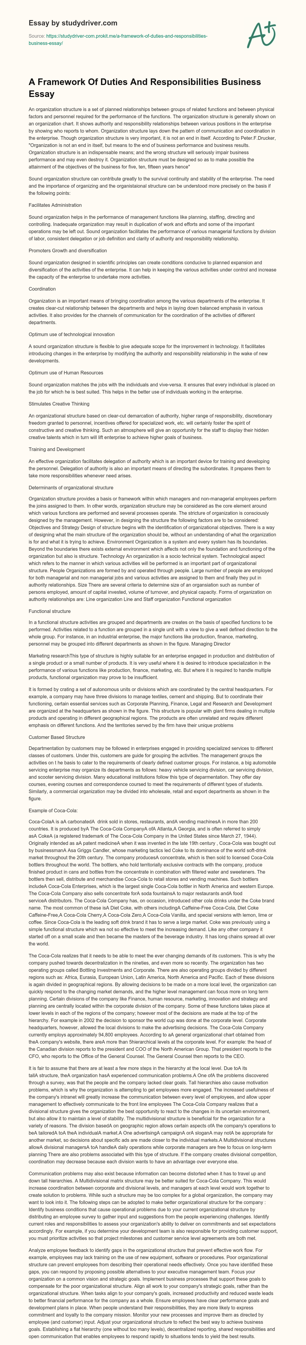 A Framework of Duties and Responsibilities Business Essay essay