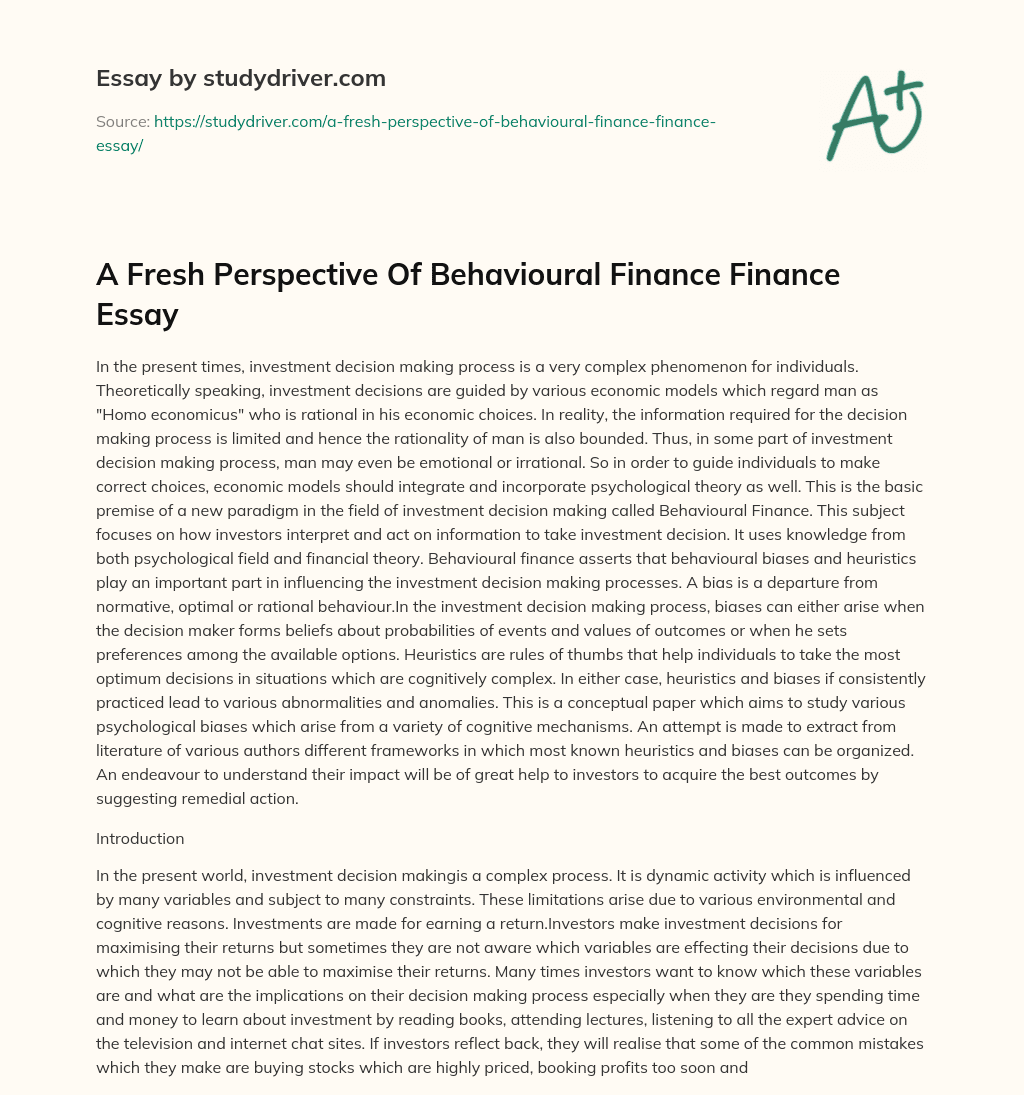 A Fresh Perspective of Behavioural Finance Finance Essay essay