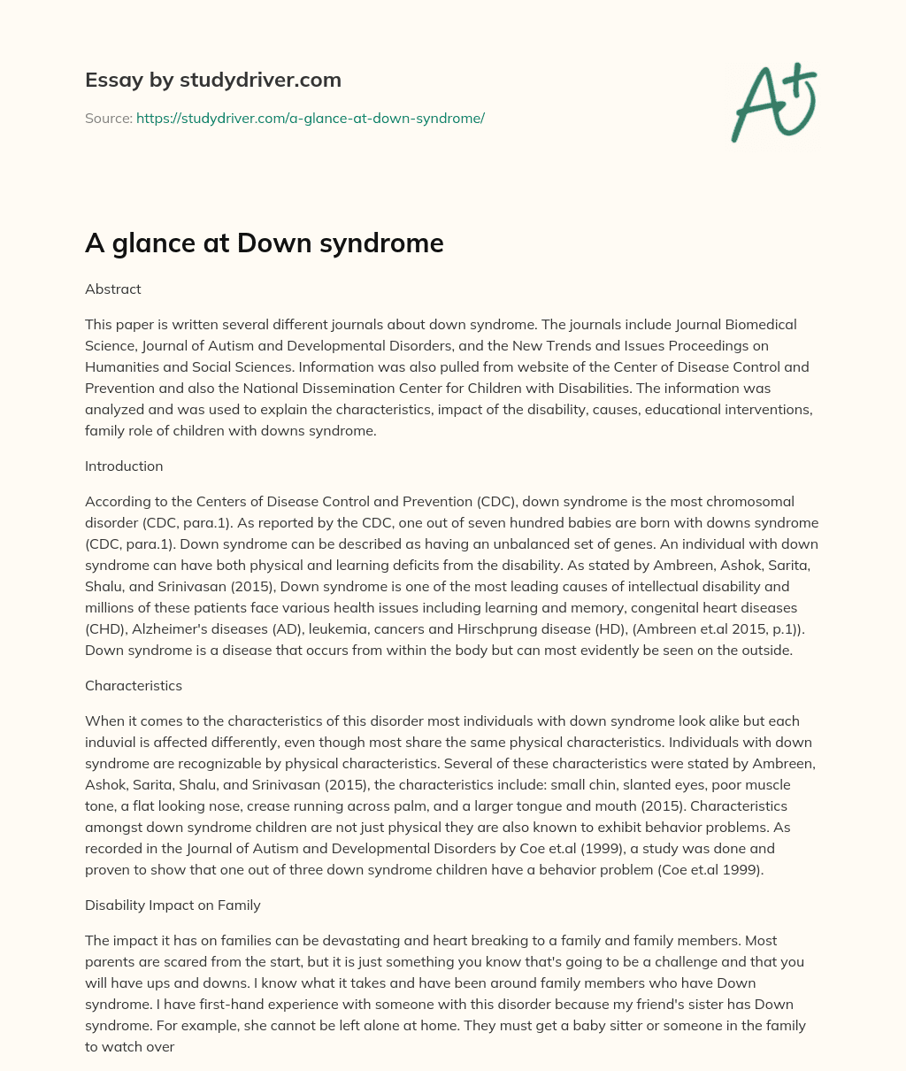 A Glance at down Syndrome essay