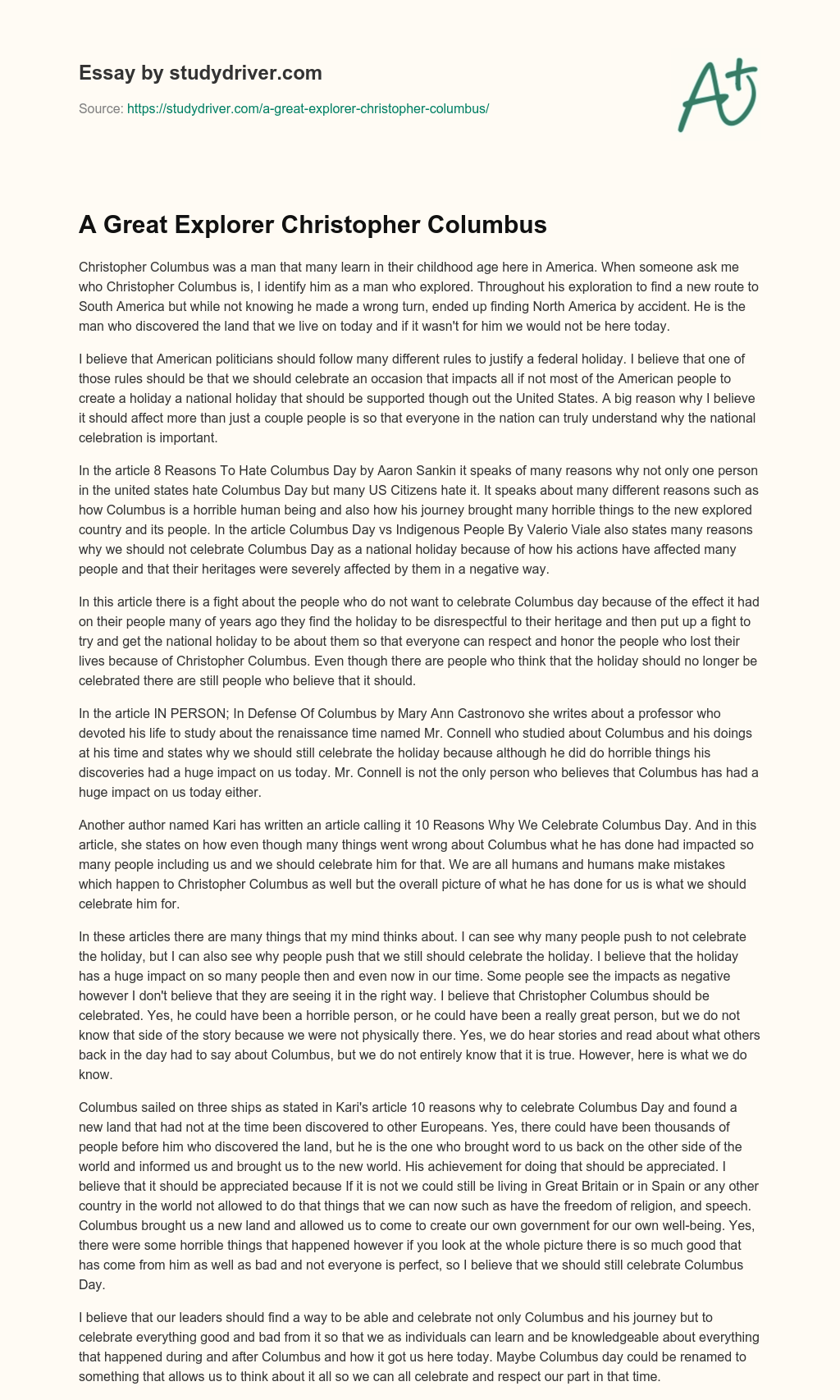 A Great Explorer Christopher Columbus essay