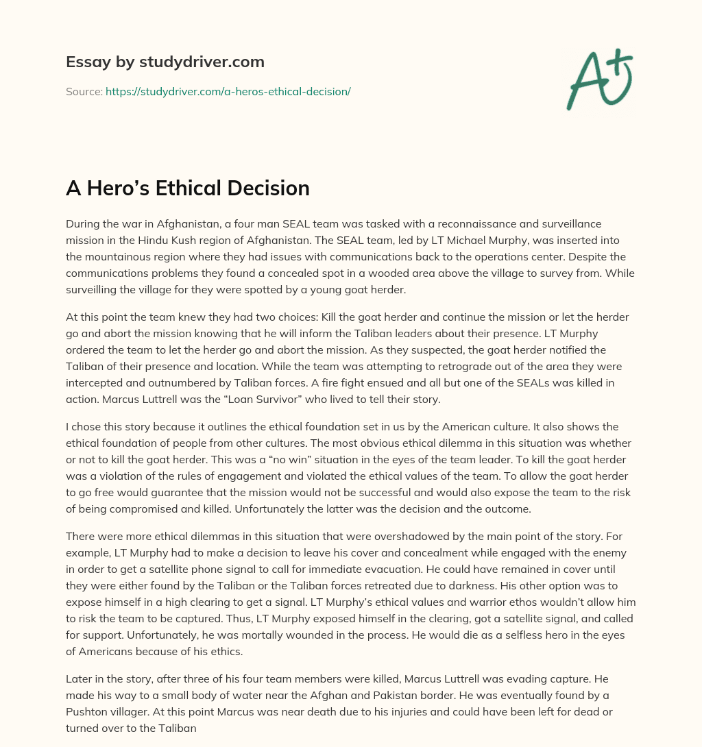 A Hero’s Ethical Decision essay