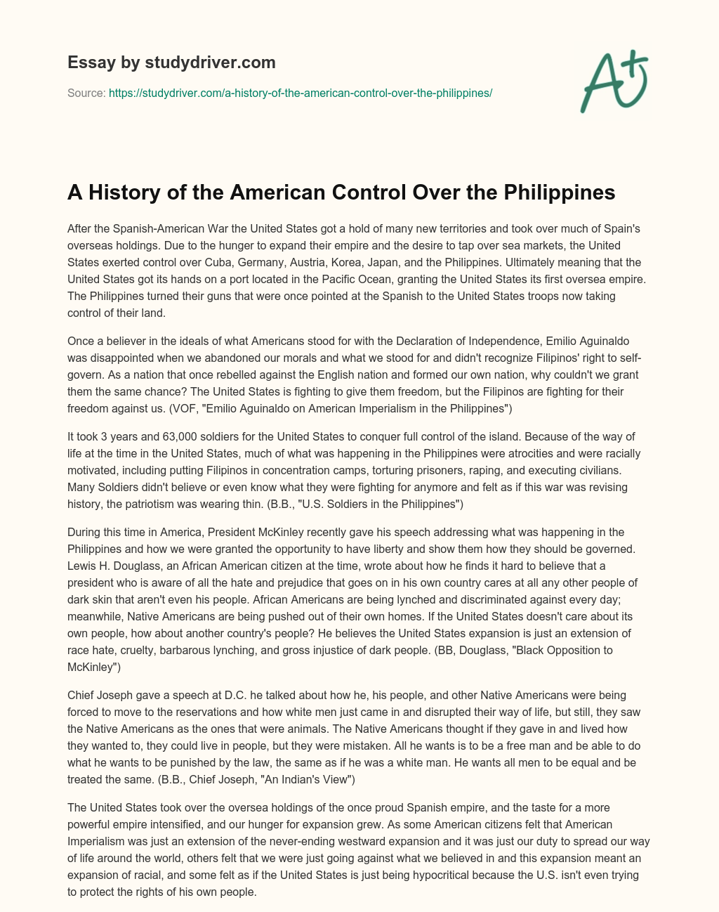 A History of the American Control over the Philippines essay