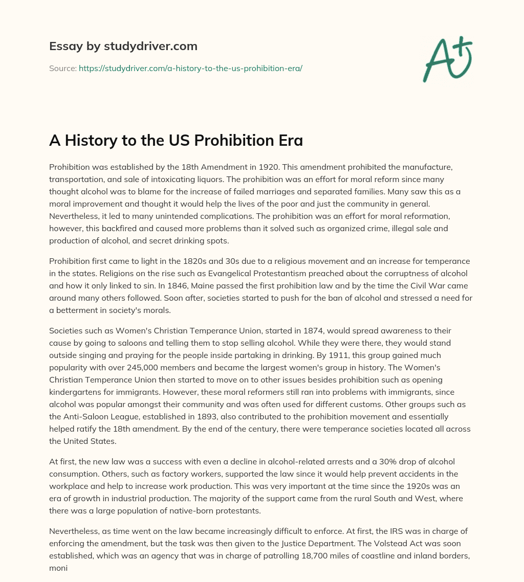 A History to the US Prohibition Era essay