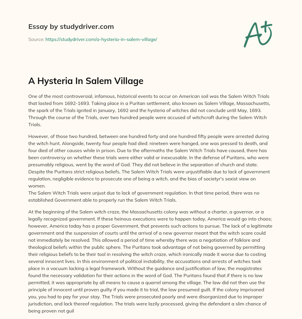 A Hysteria in Salem Village essay