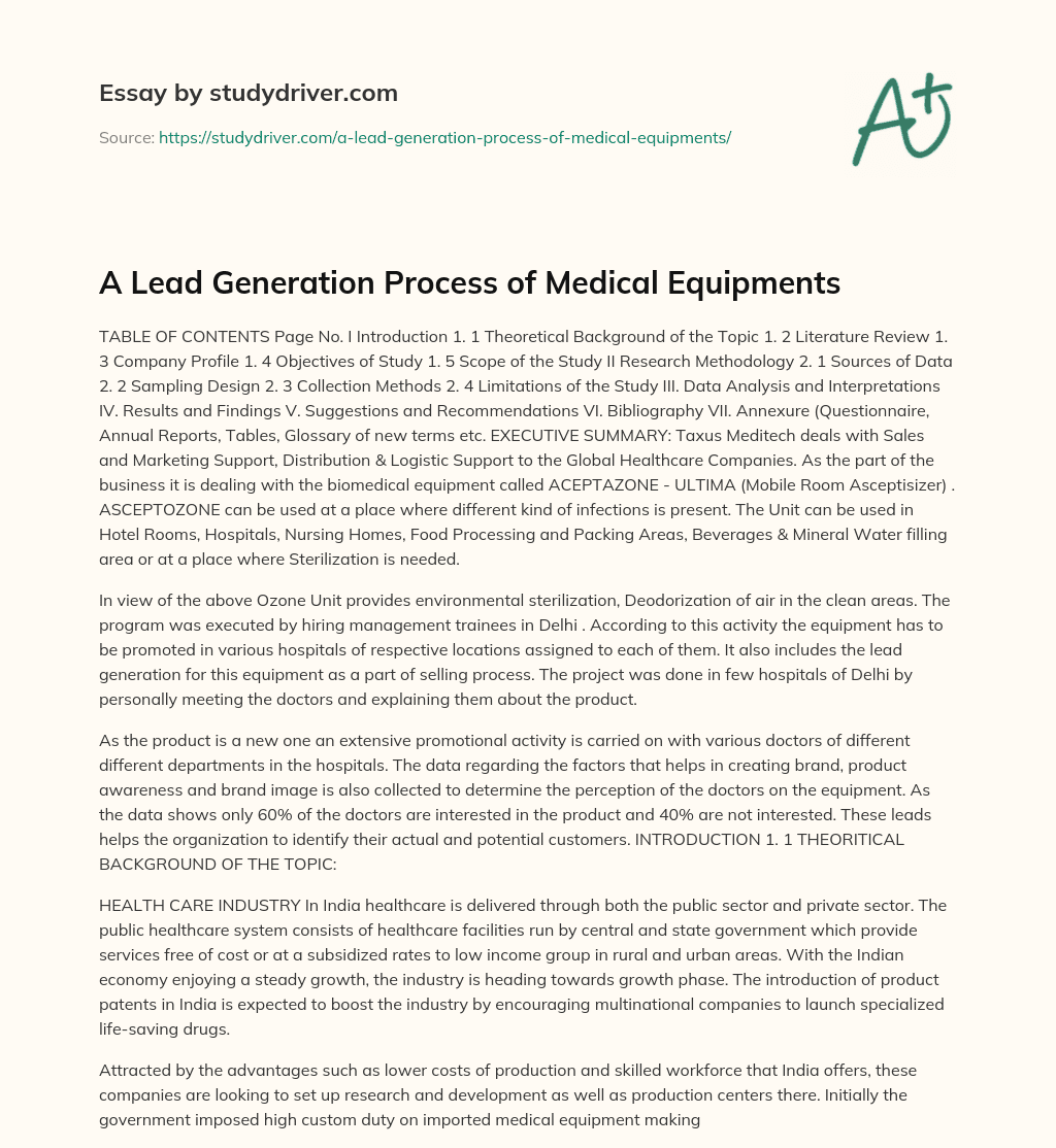 A Lead Generation Process of Medical Equipments essay