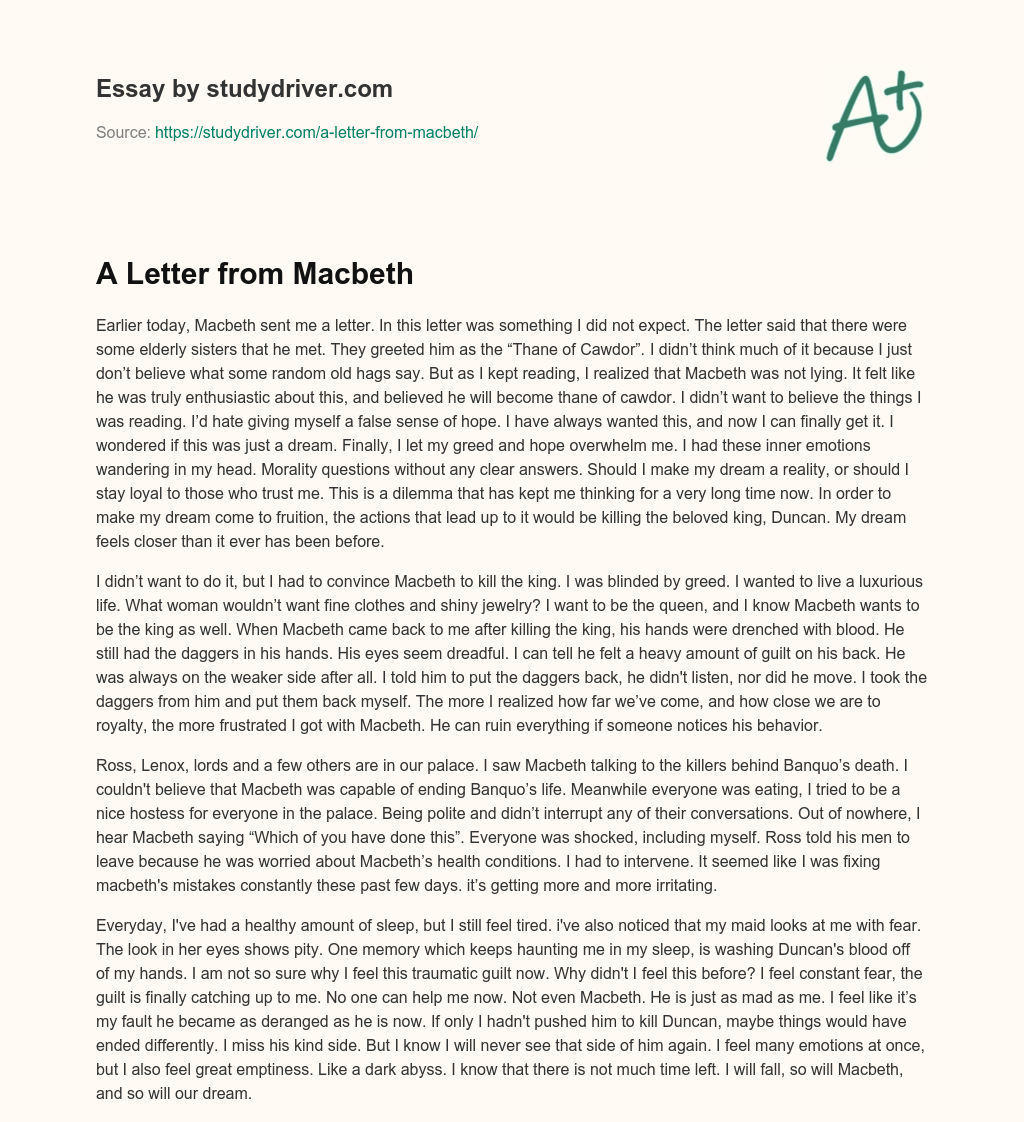 A Letter from Macbeth essay