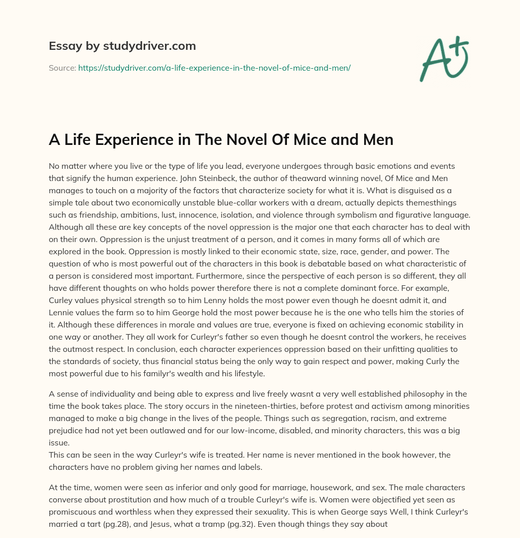 A Life Experience in the Novel of Mice and Men essay
