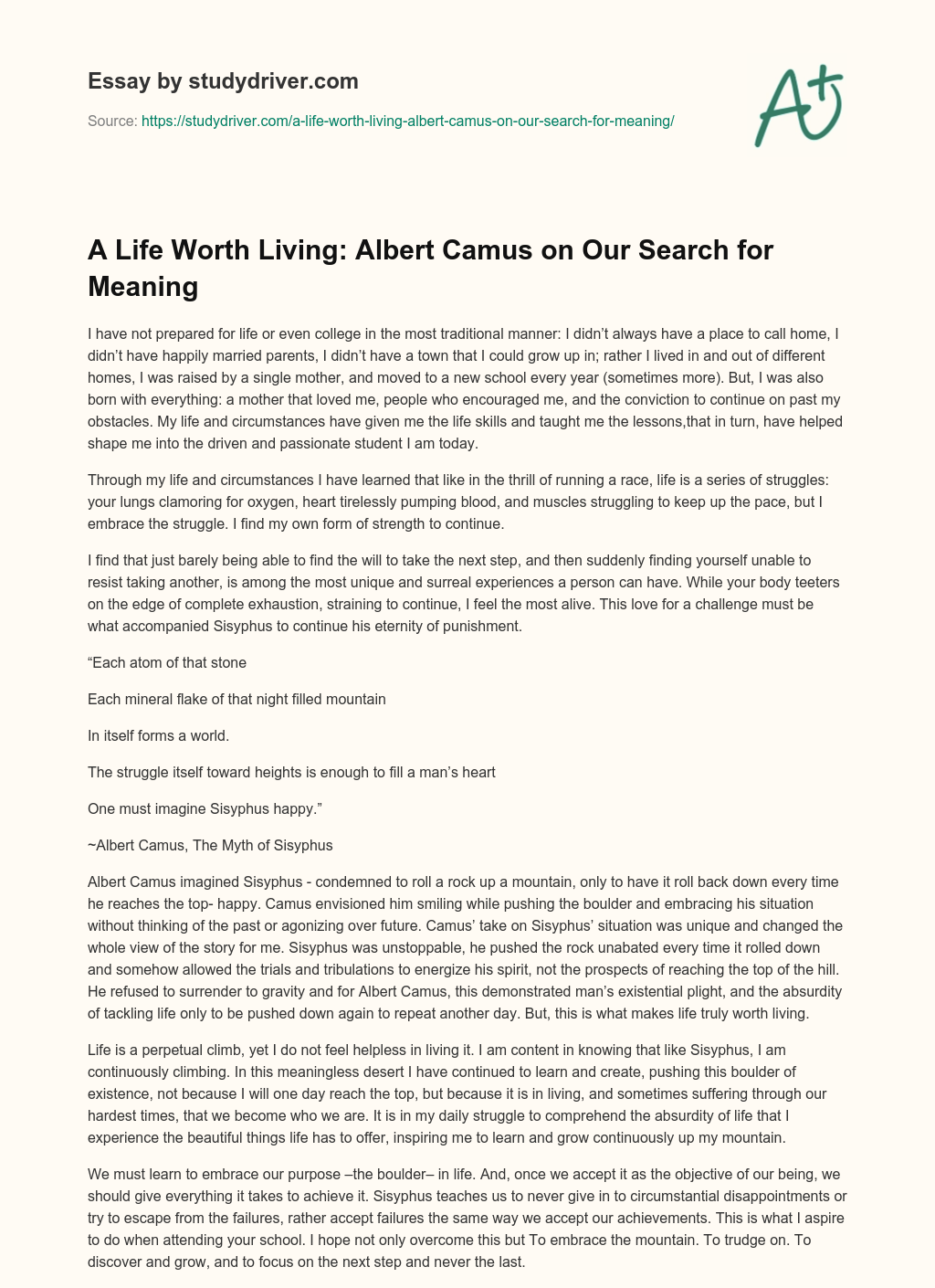 A Life Worth Living: Albert Camus on our Search for Meaning essay