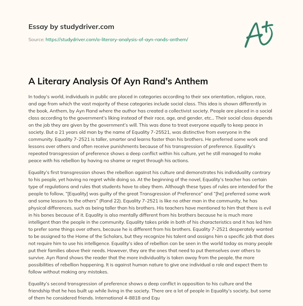 A Literary Analysis of Ayn Rand’s Anthem essay