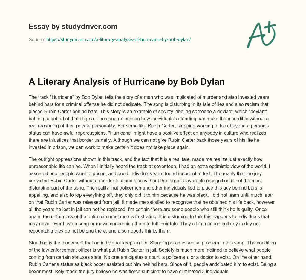 A Literary Analysis of Hurricane by Bob Dylan essay
