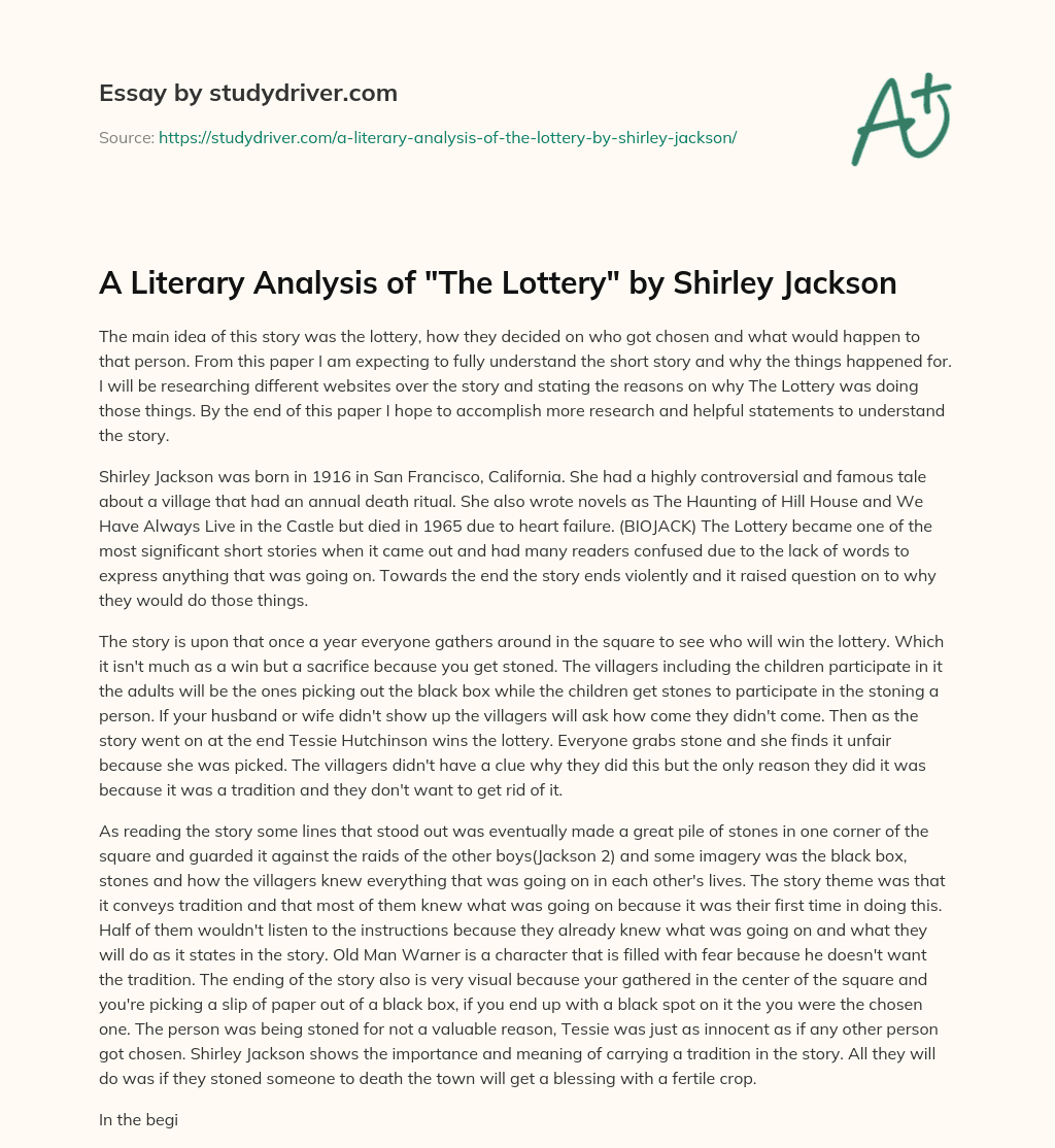 A Literary Analysis of “The Lottery” by Shirley Jackson essay