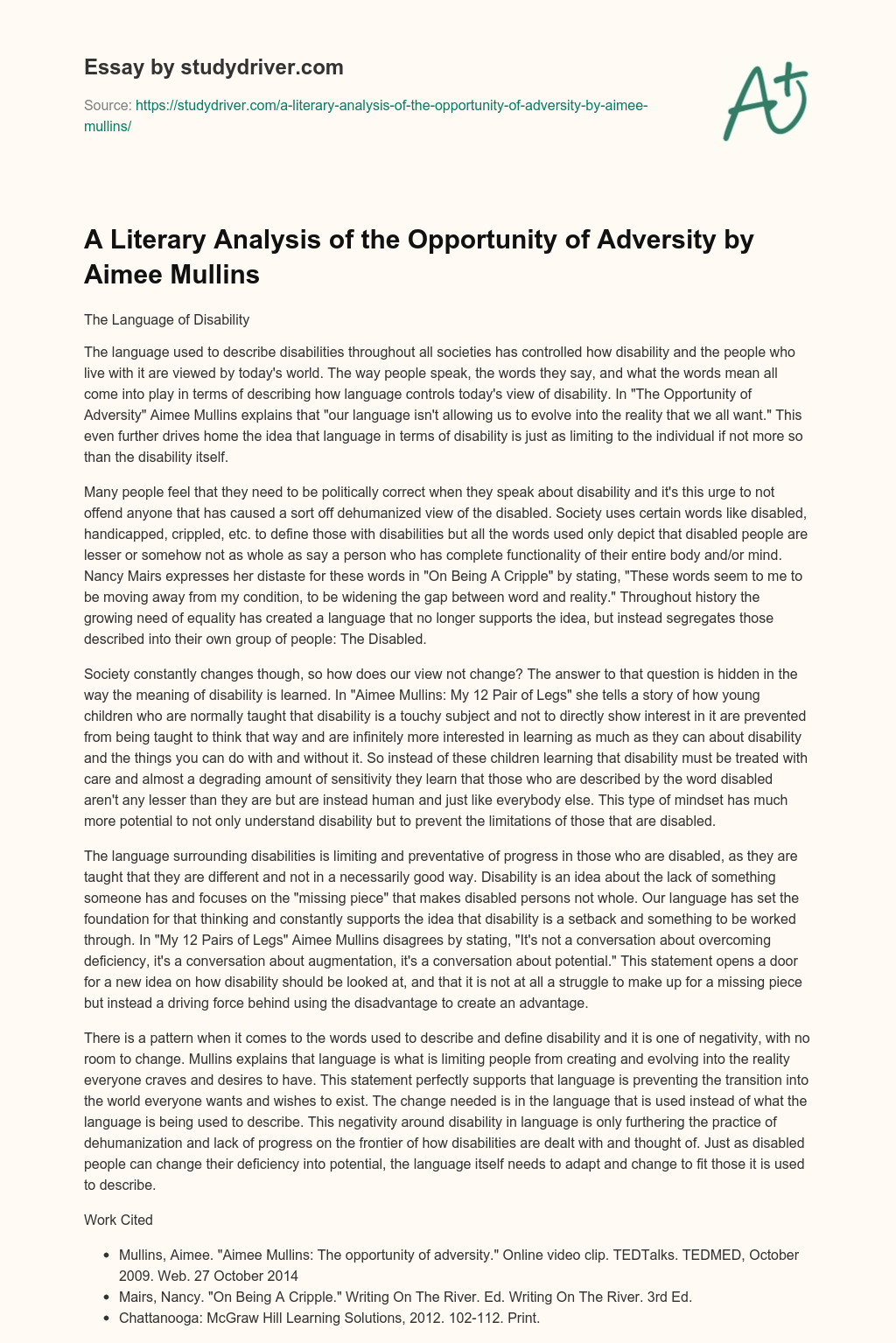 A Literary Analysis of the Opportunity of Adversity by Aimee Mullins essay