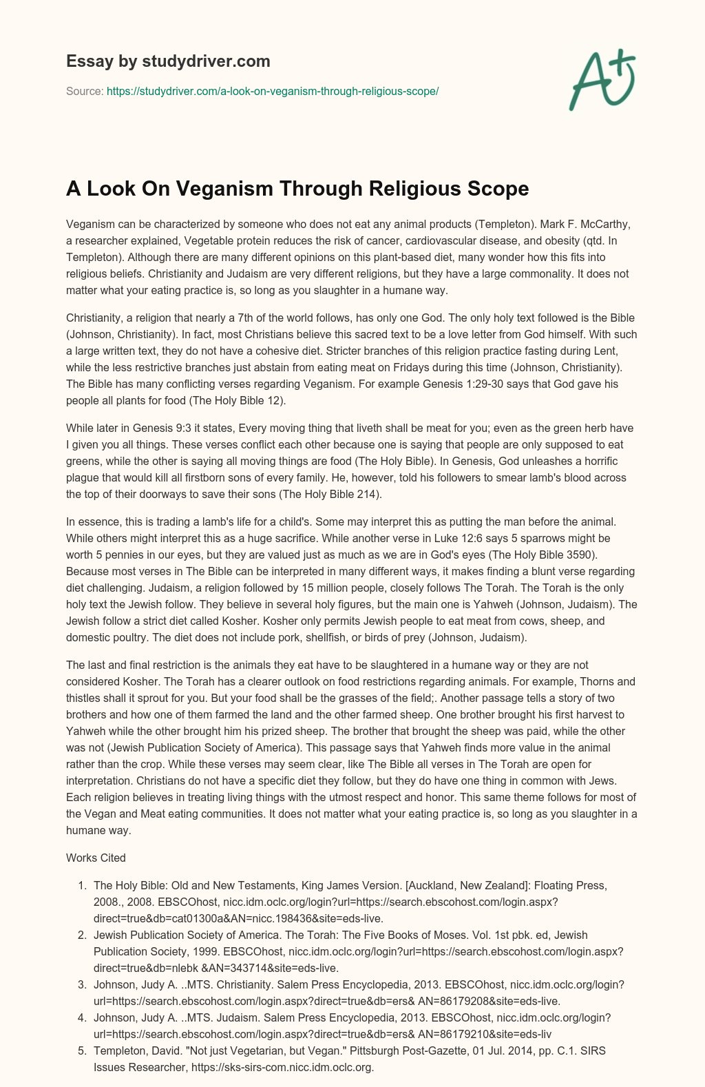 A Look on Veganism through Religious Scope essay