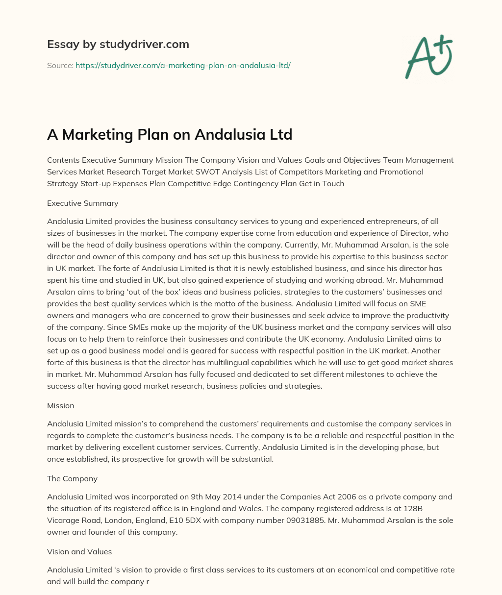 A Marketing Plan on Andalusia Ltd essay