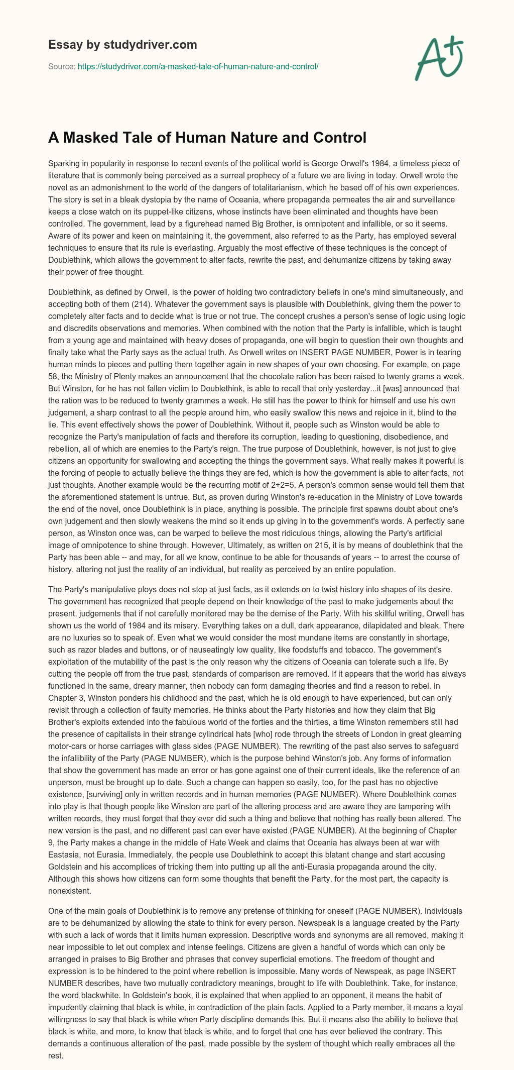 A Masked Tale of Human Nature and Control essay