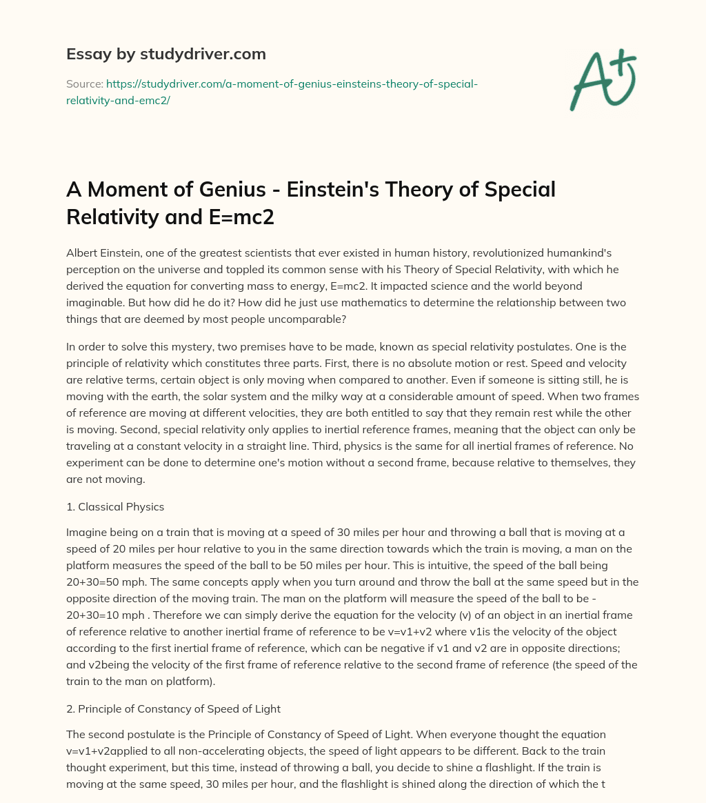 A Moment of Genius – Einstein’s Theory of Special Relativity and E=mc2 essay