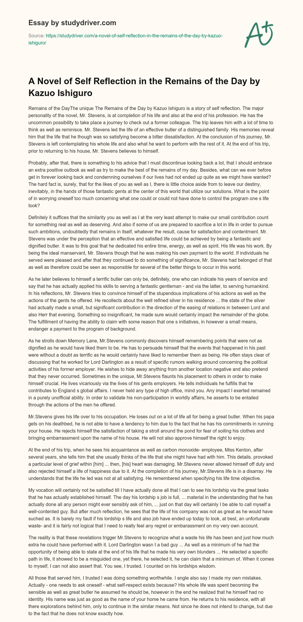 A Novel of Self Reflection in the Remains of the Day by Kazuo Ishiguro essay