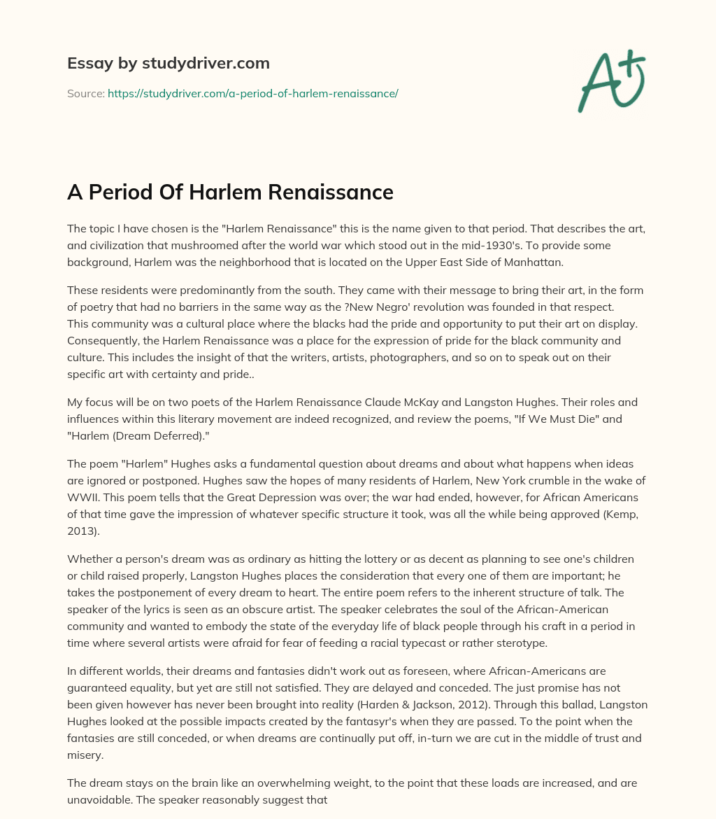A Period of Harlem Renaissance essay
