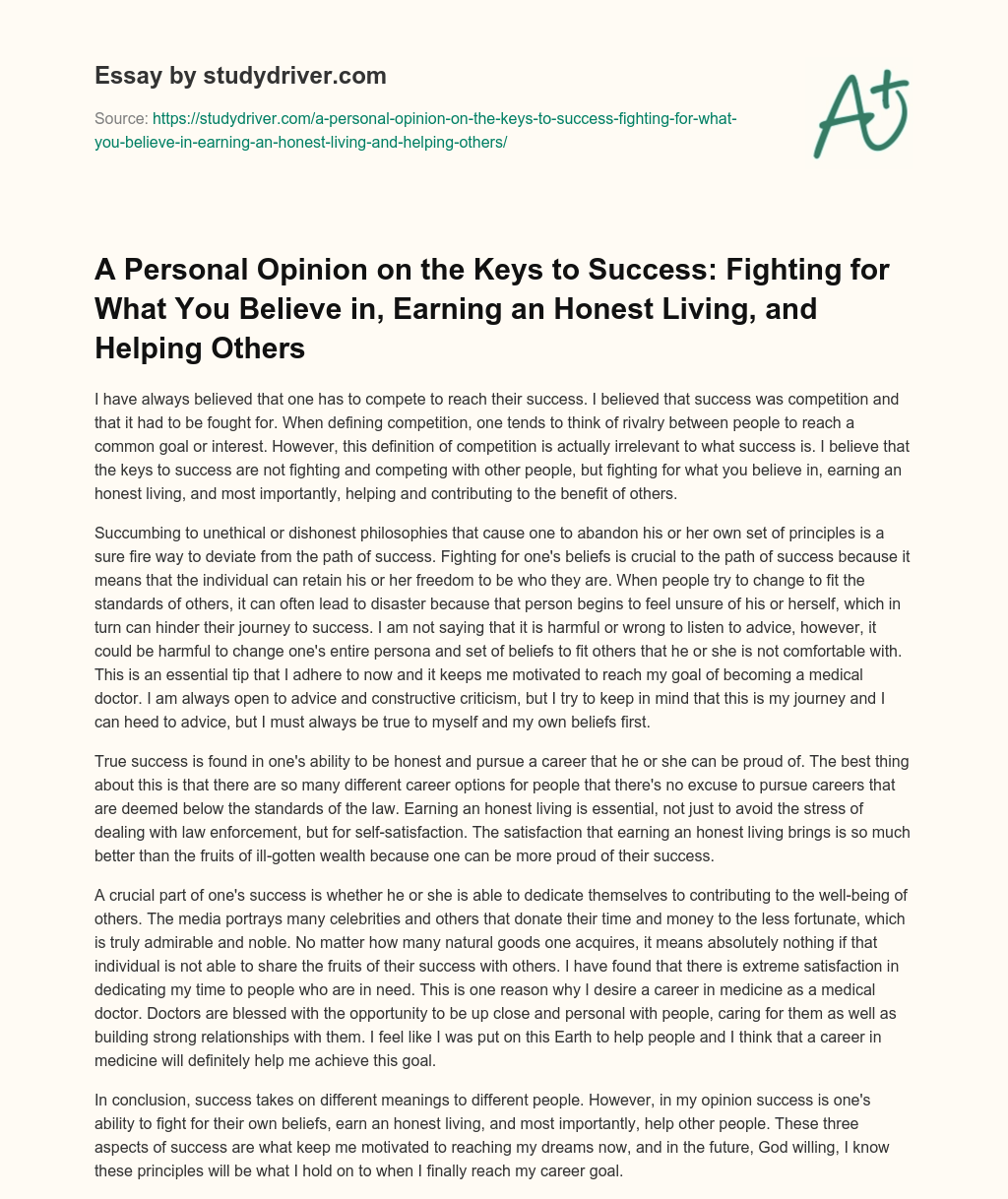 A Personal Opinion on the Keys to Success: Fighting for what you Believe In, Earning an Honest Living, and Helping Others essay