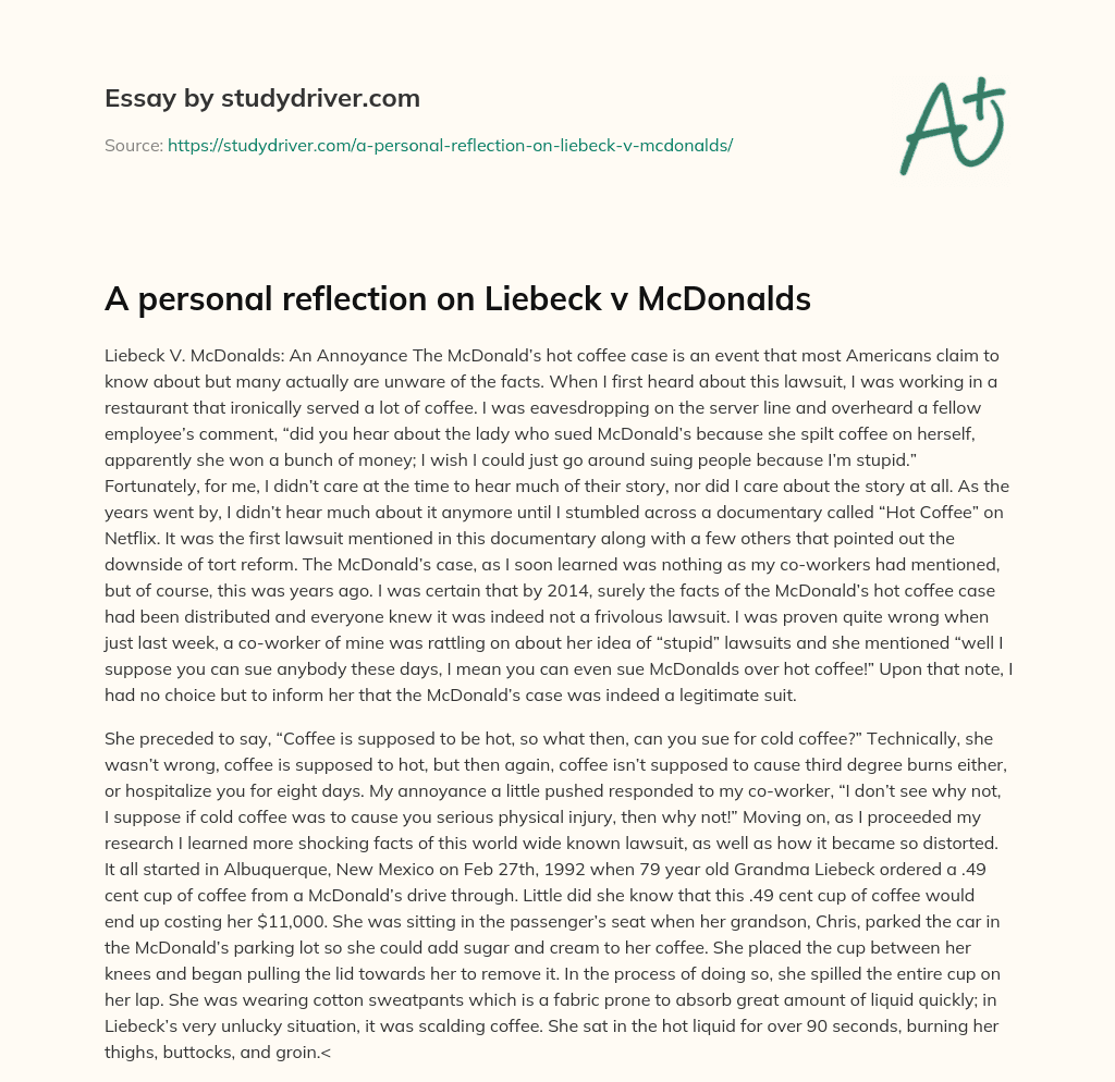A Personal Reflection on Liebeck V McDonalds essay
