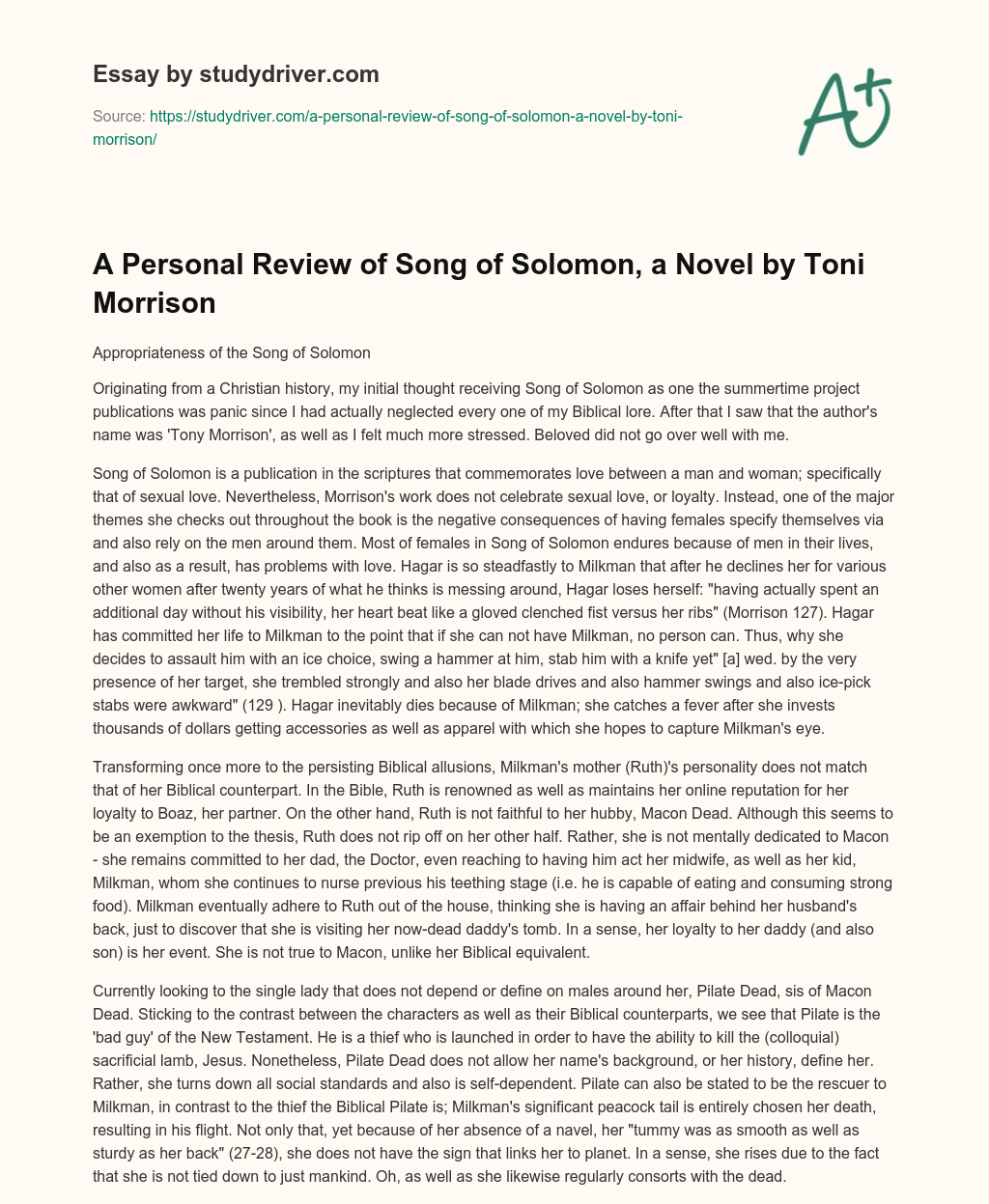 A Personal Review of Song of Solomon, a Novel by Toni Morrison essay