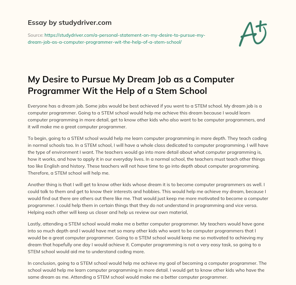 My Desire to Pursue my Dream Job as a Computer Programmer Wit the Help of a Stem School essay