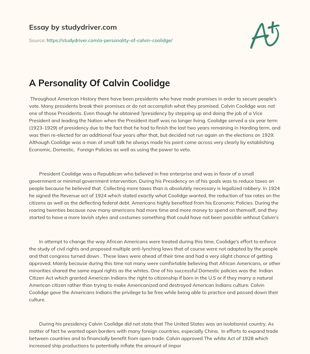 A Personality of Calvin Coolidge essay