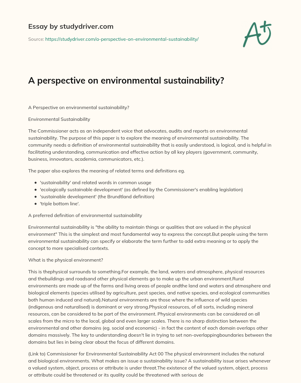 A Perspective on Environmental Sustainability? essay