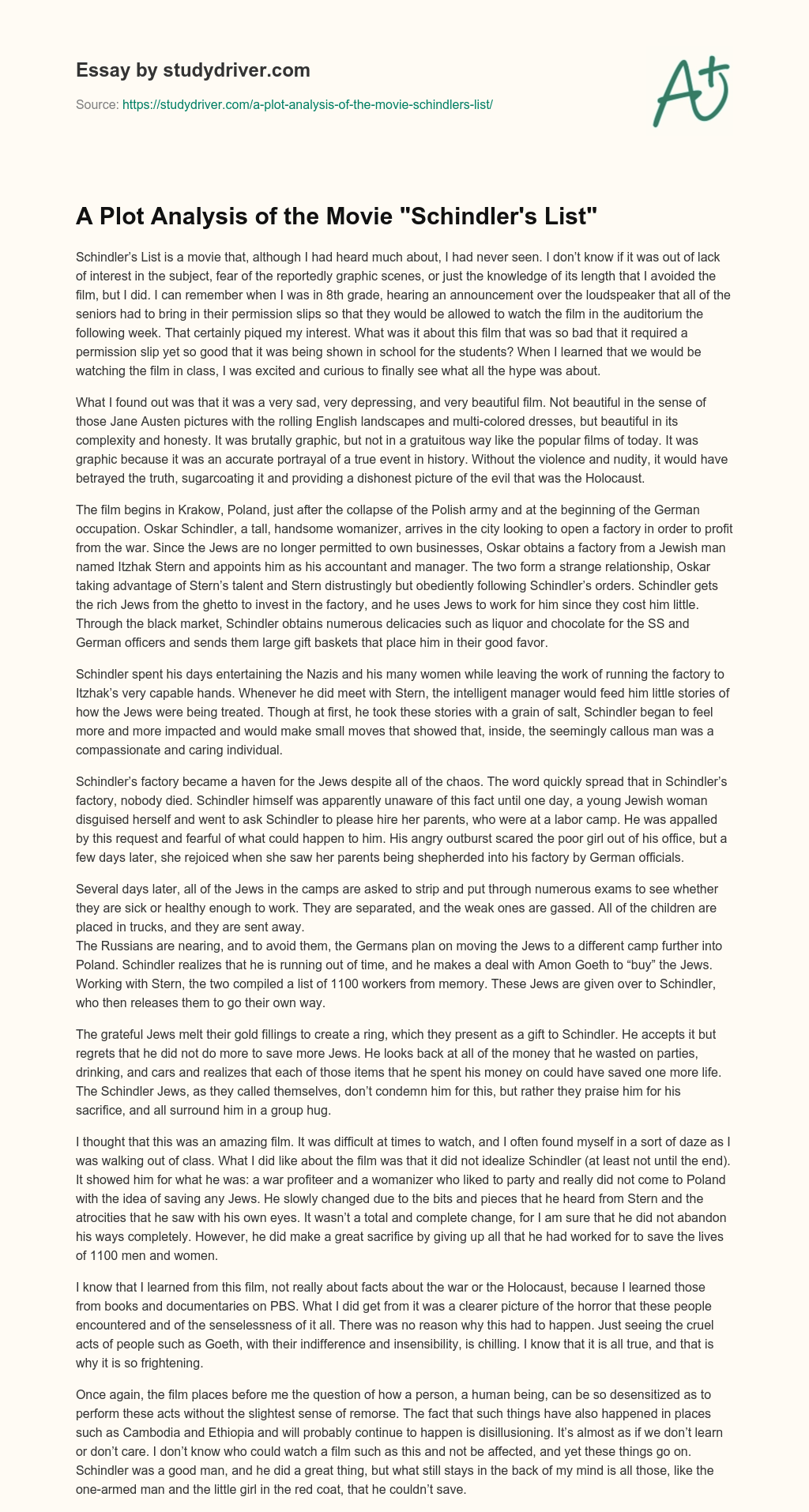 A Plot Analysis of the Movie “Schindler’s List” essay