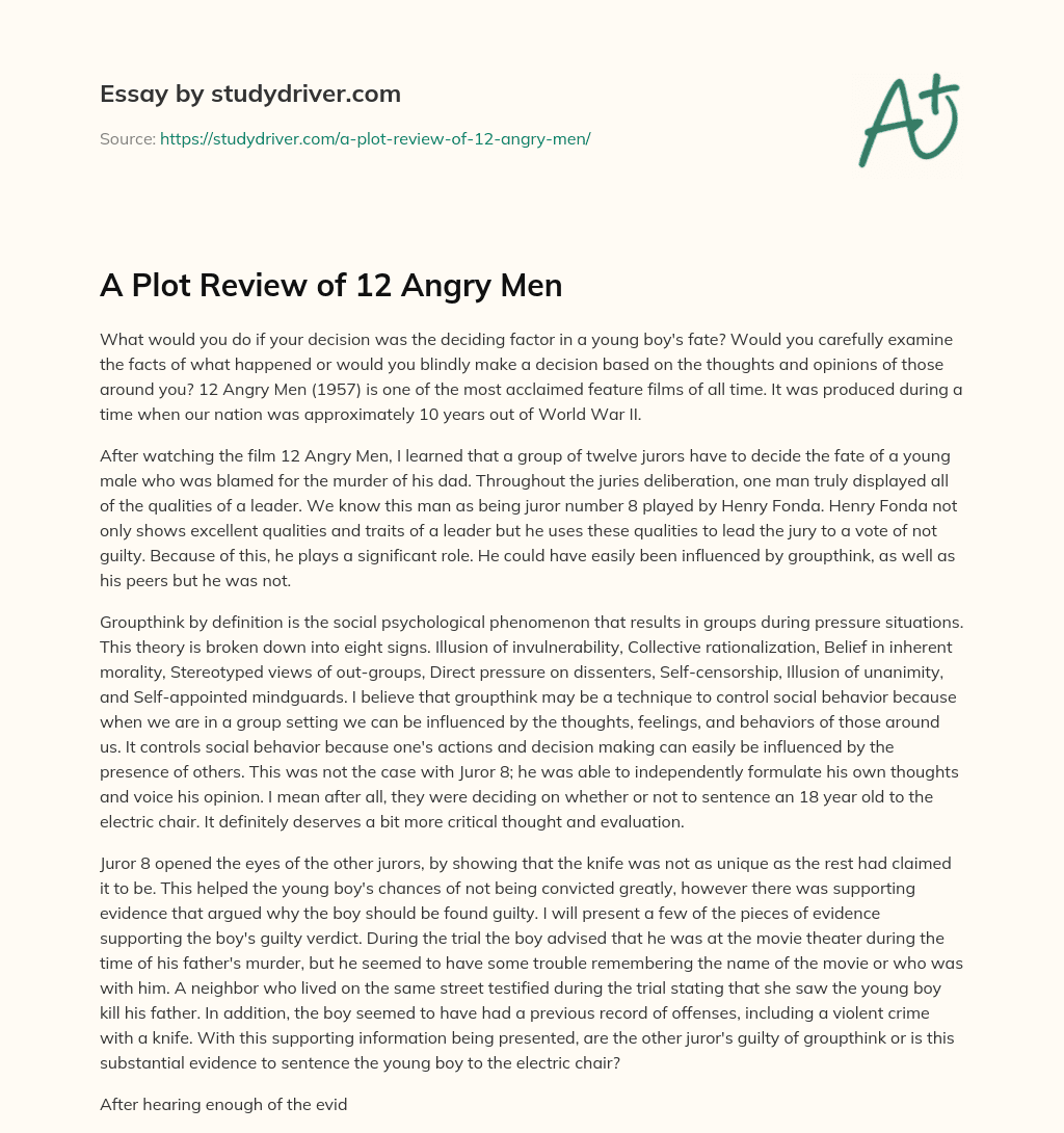 A Plot Review of 12 Angry Men essay