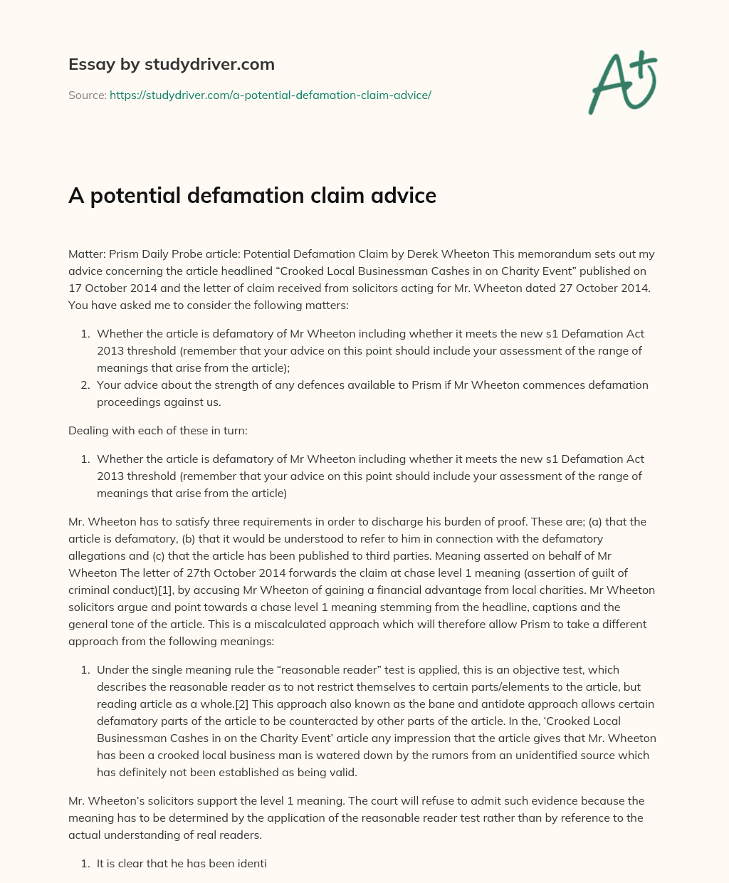 A Potential Defamation Claim Advice essay