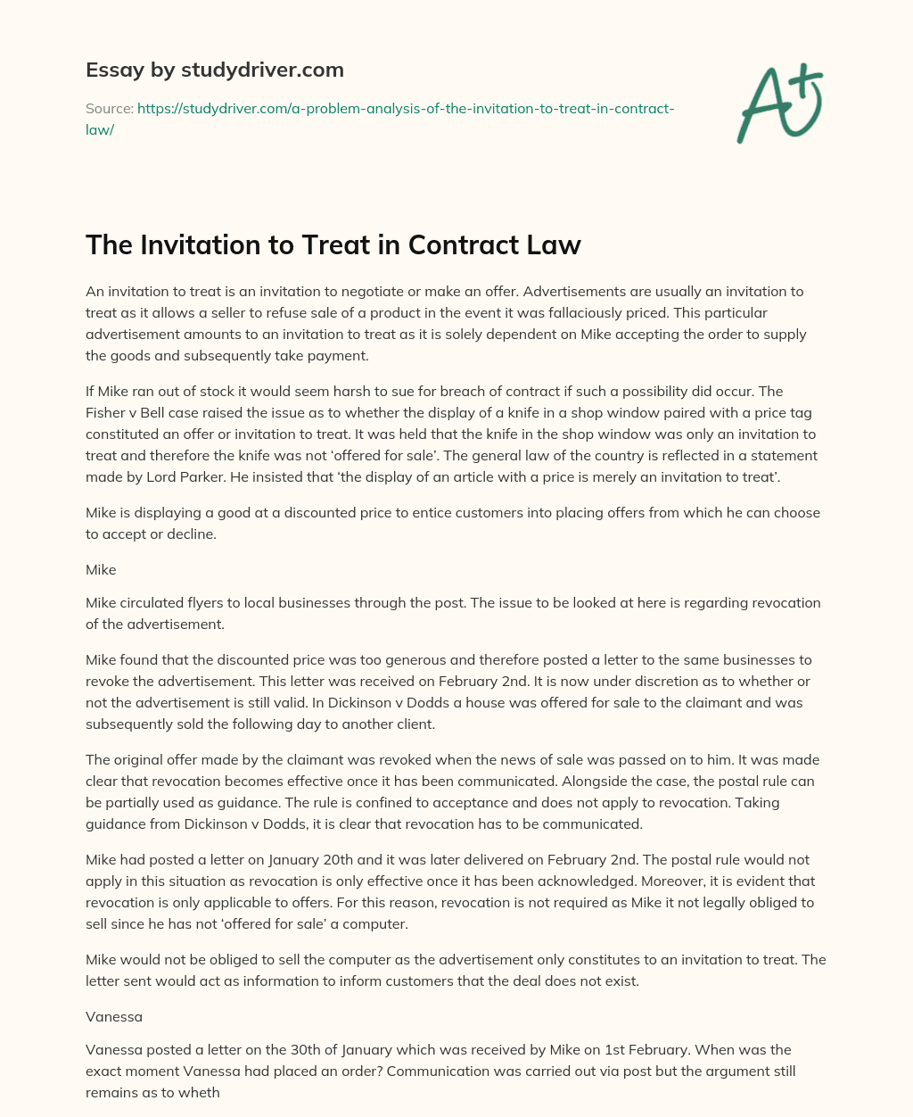The Invitation to Treat in Contract Law essay