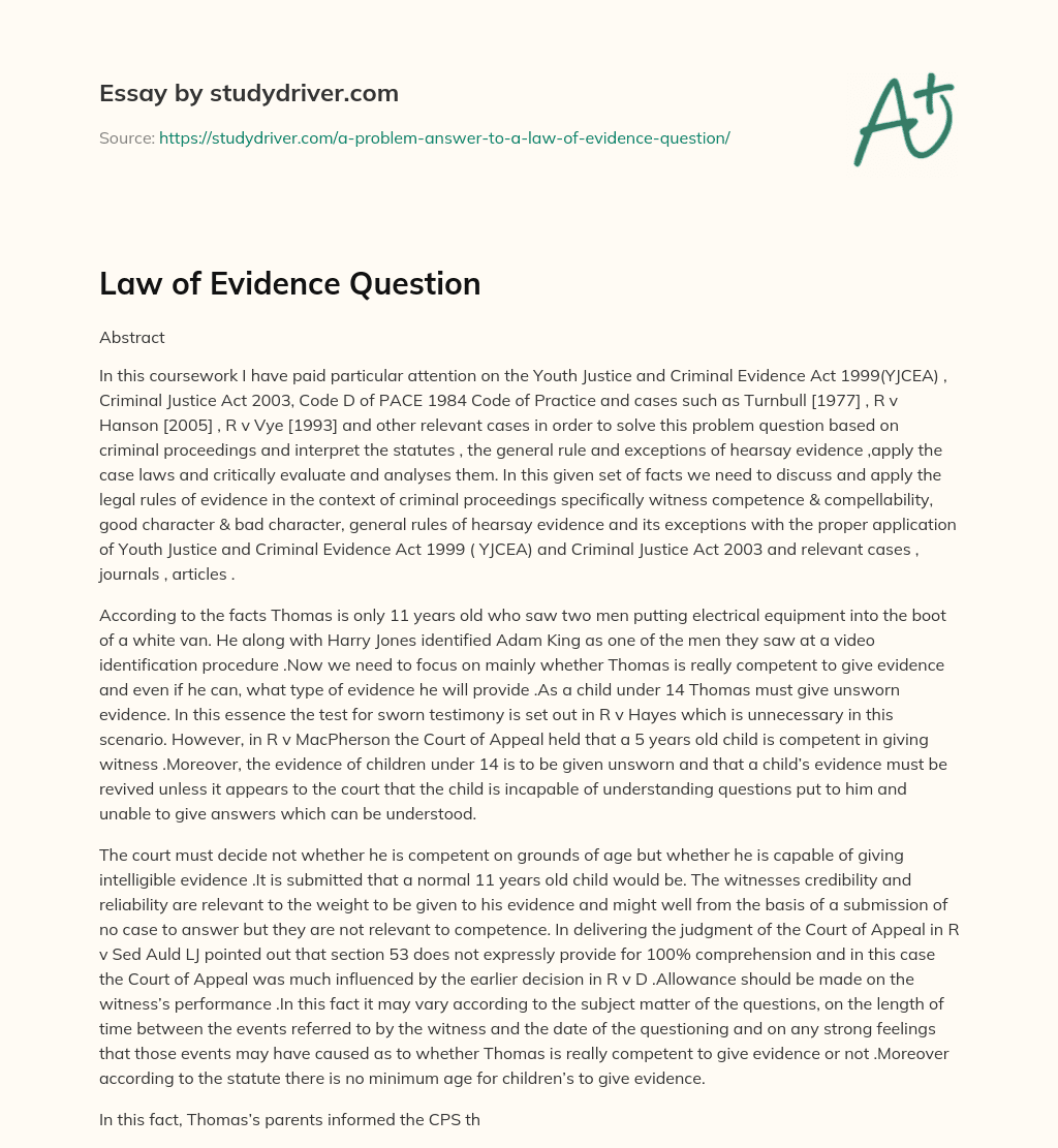 Law of Evidence Question essay