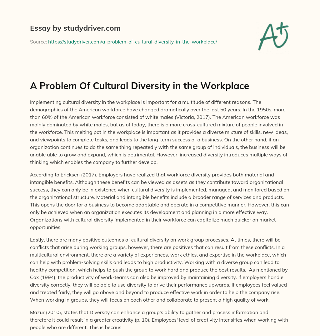 A Problem of Cultural Diversity in the Workplace essay