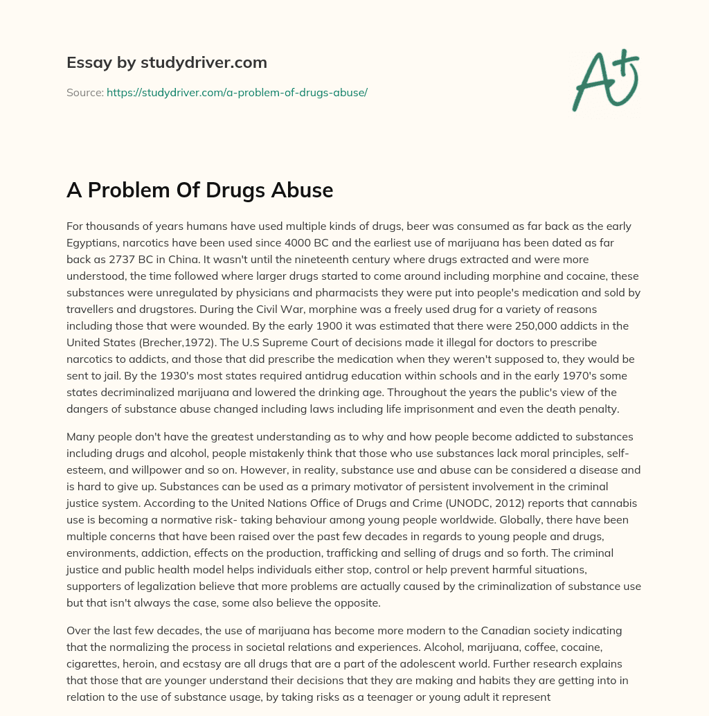 A Problem of Drugs Abuse essay