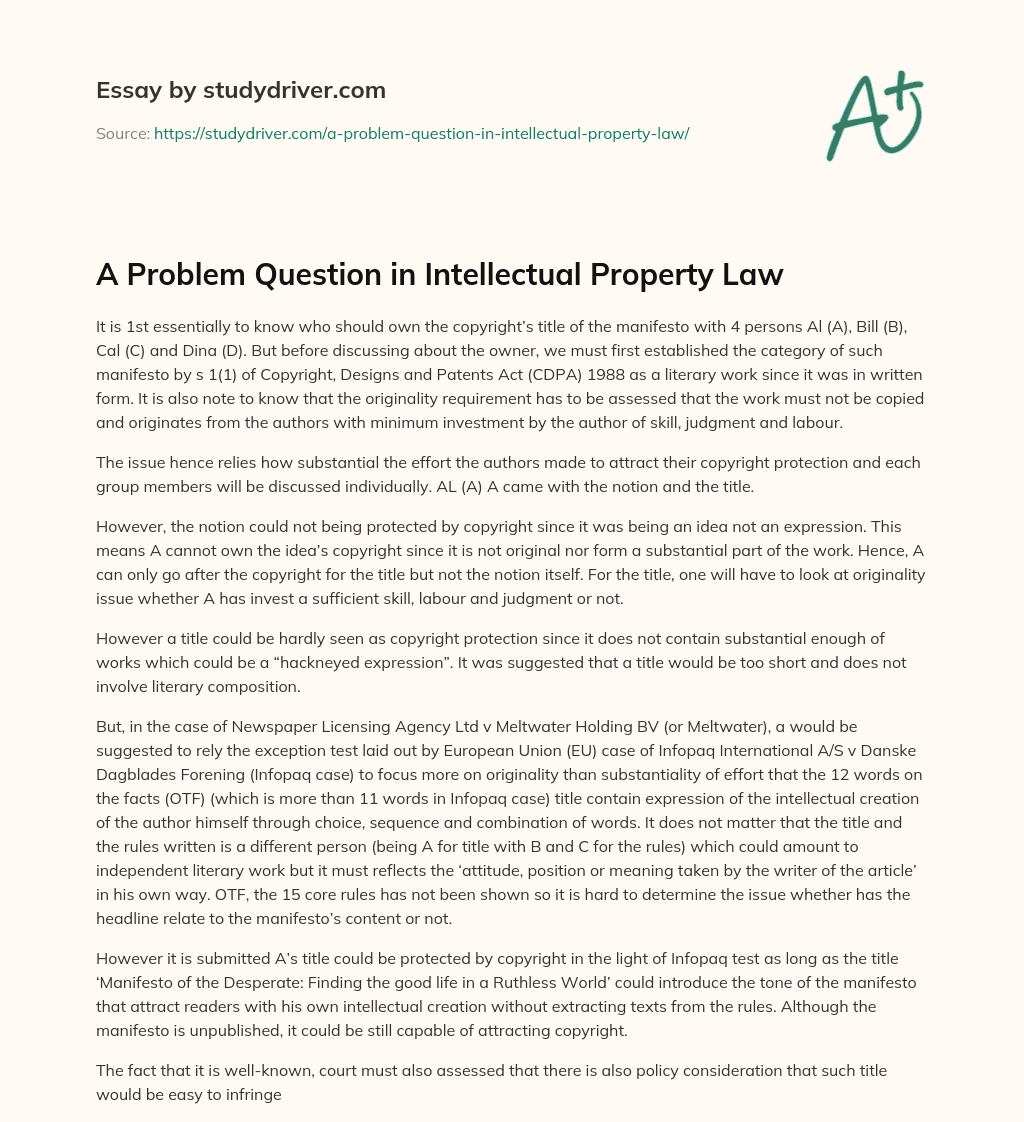 A Problem Question in Intellectual Property Law essay