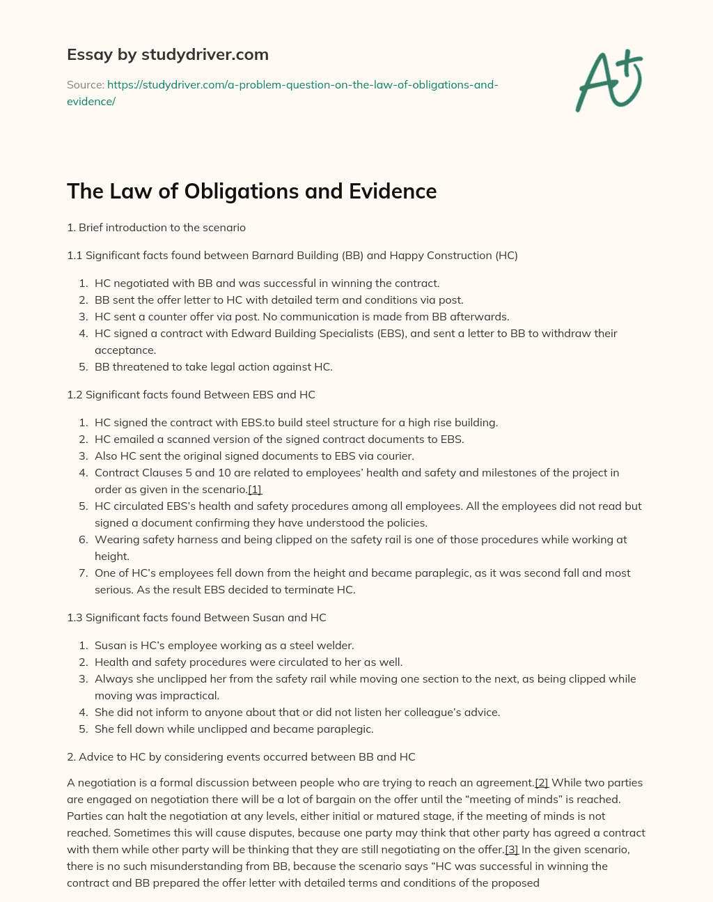 The Law of Obligations and Evidence essay