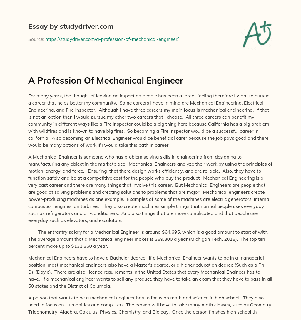A Profession of Mechanical Engineer essay