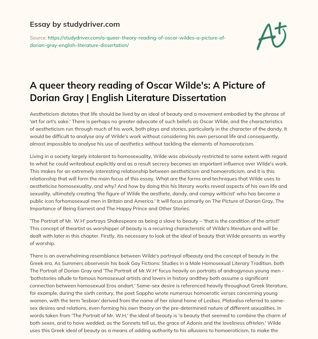 A Queer Theory Reading of Oscar Wilde’s: a Picture of Dorian Gray | English Literature Dissertation essay
