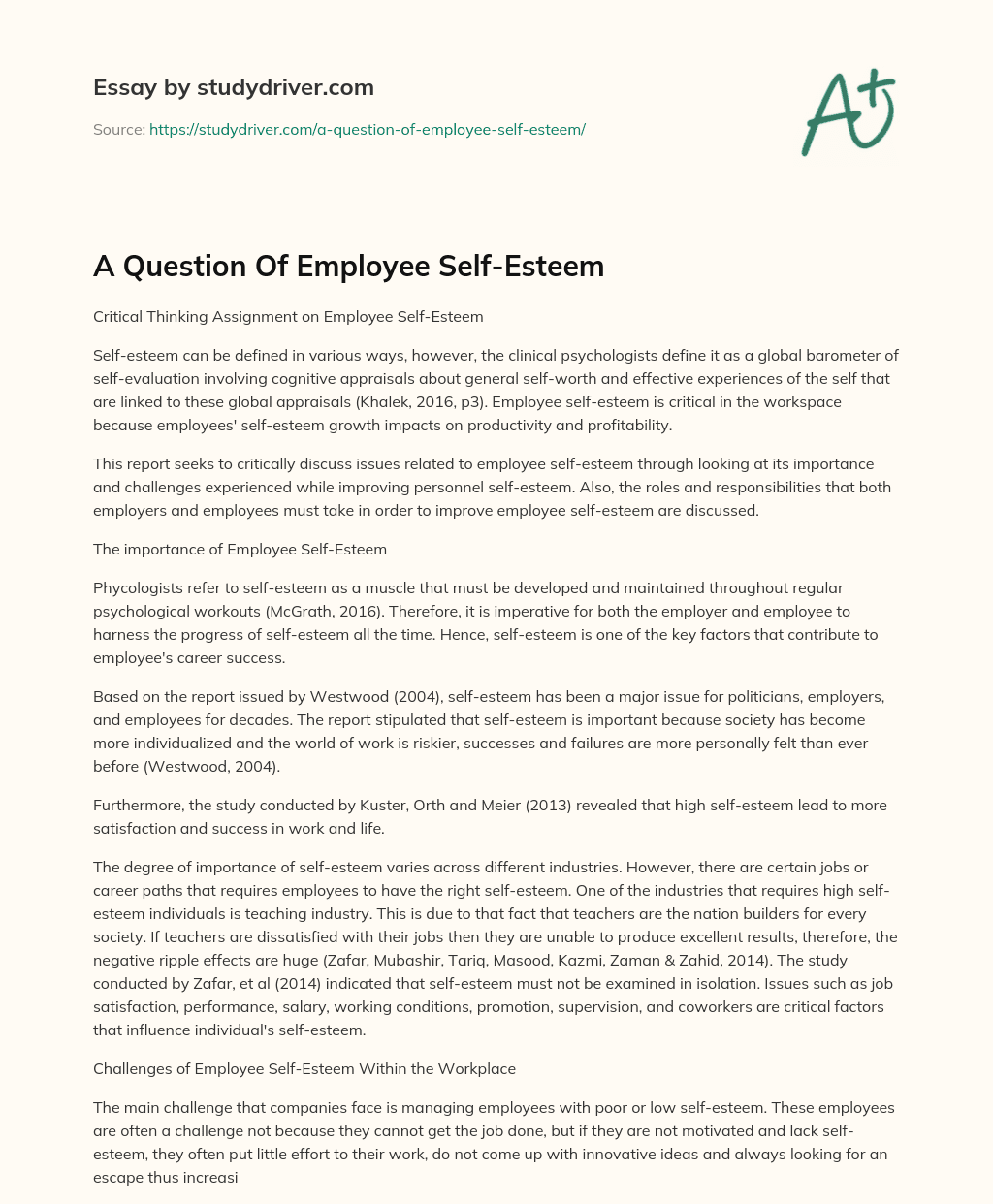 A Question of Employee Self-Esteem essay