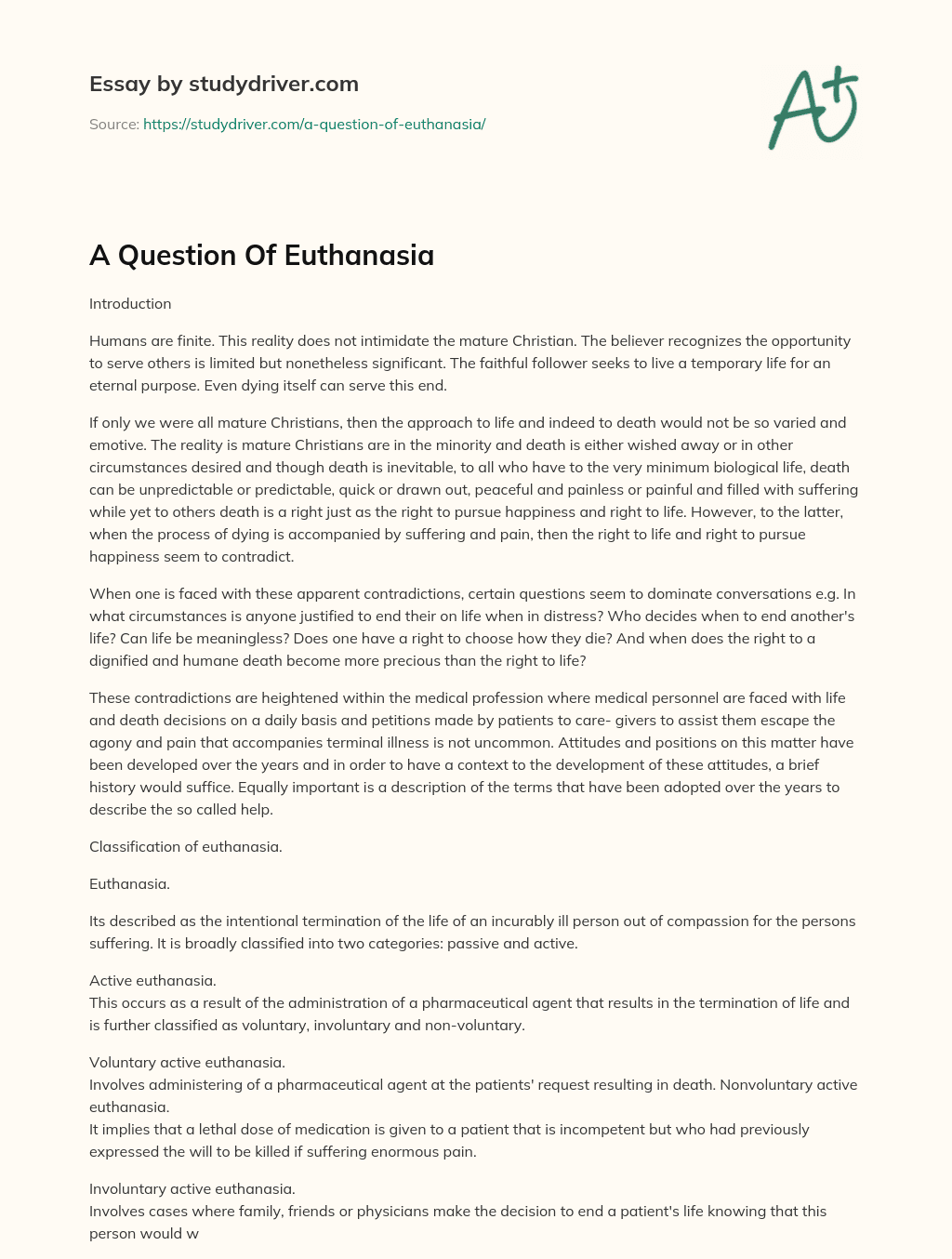 A Question of Euthanasia essay