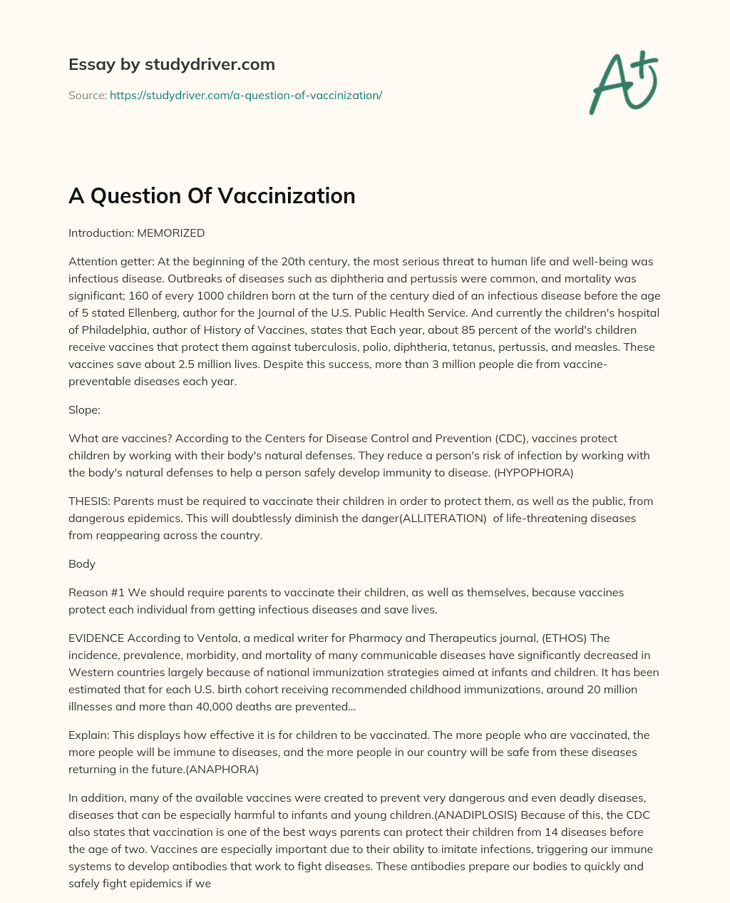 A Question of Vaccinization essay