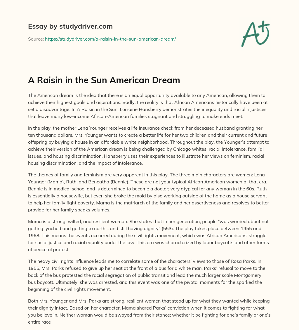 A Raisin in the Sun American Dream essay