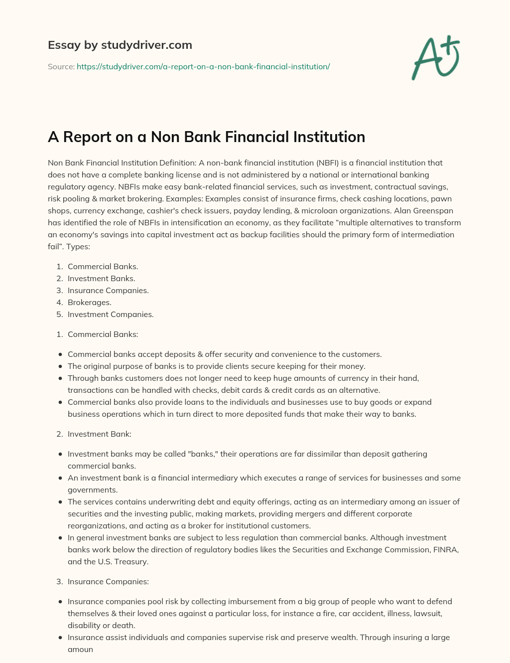 A Report on a Non Bank Financial Institution essay