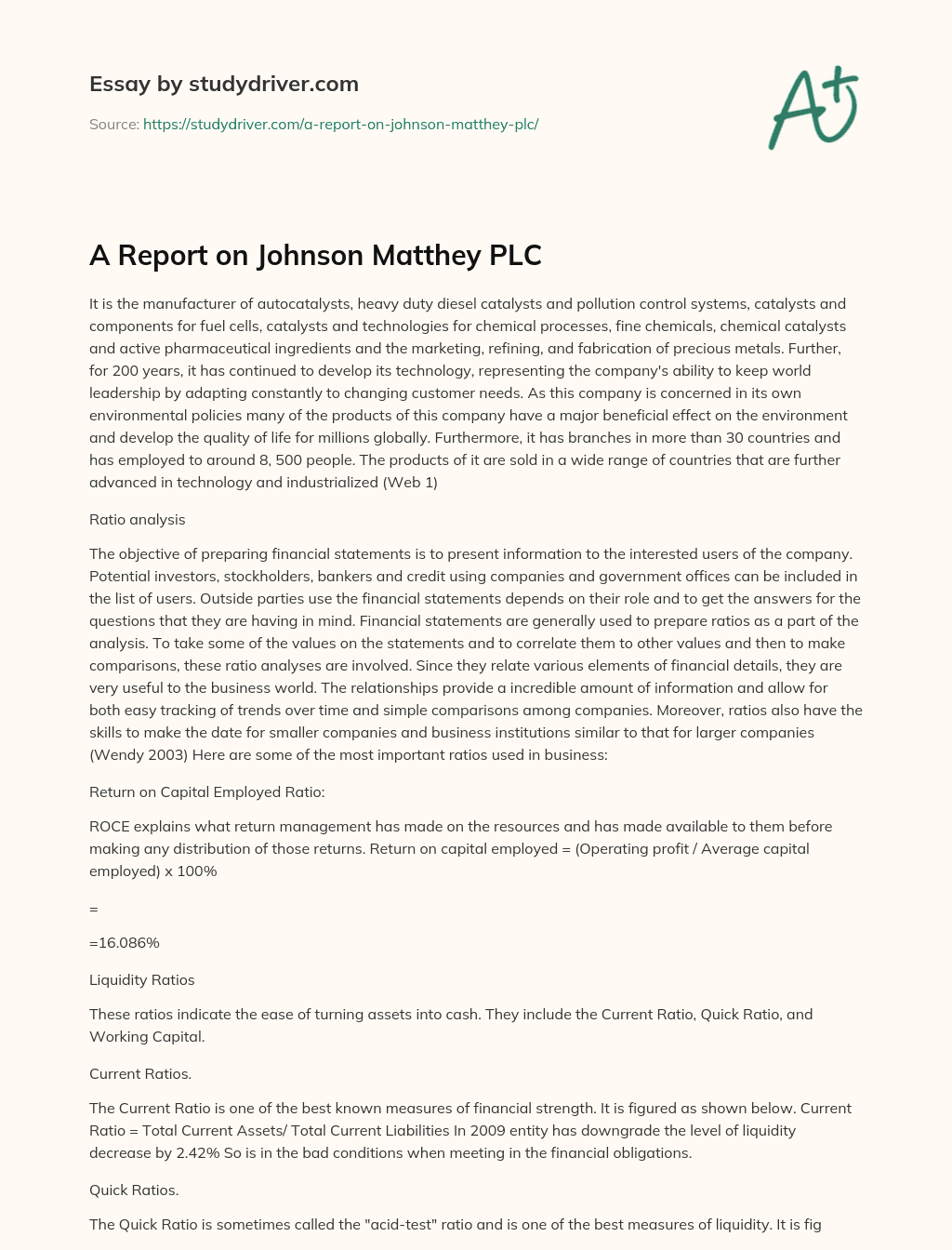 A Report on Johnson Matthey PLC‎ essay