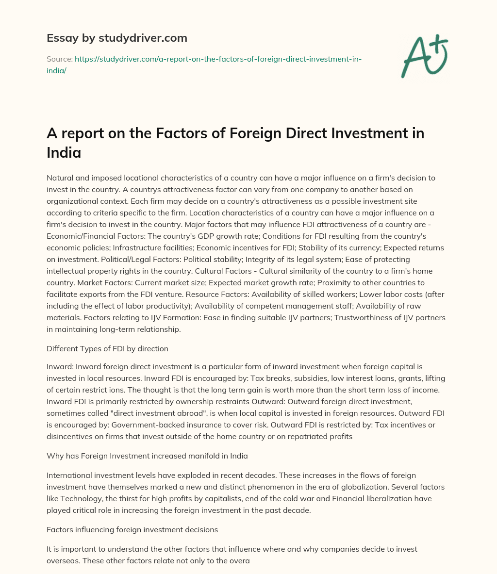 A Report on the Factors of Foreign Direct Investment in India essay