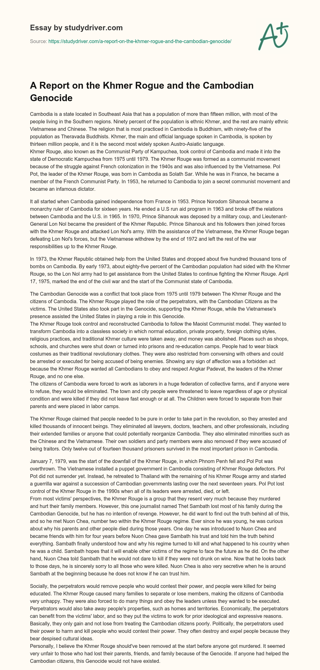 A Report on the Khmer Rogue and the Cambodian Genocide essay