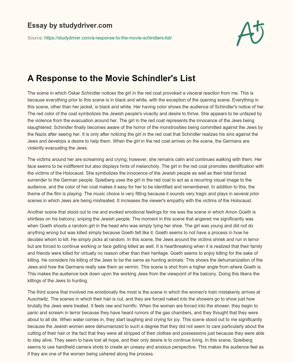 A Response to the Movie Schindler’s List essay