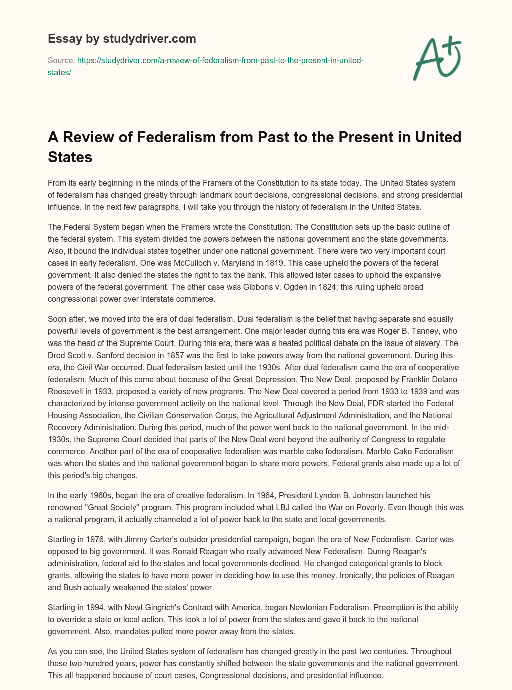 A Review of Federalism from Past to the Present in United States essay