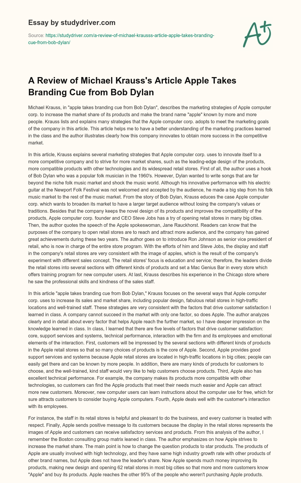 A Review of Michael Krauss’s Article Apple Takes Branding Cue from Bob Dylan essay